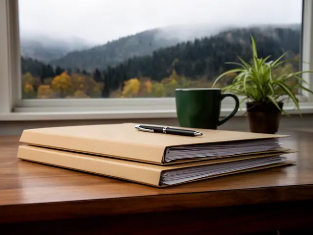 Two kraft-brown binders with a pen on a wooden desk by a window over misty forested ridges