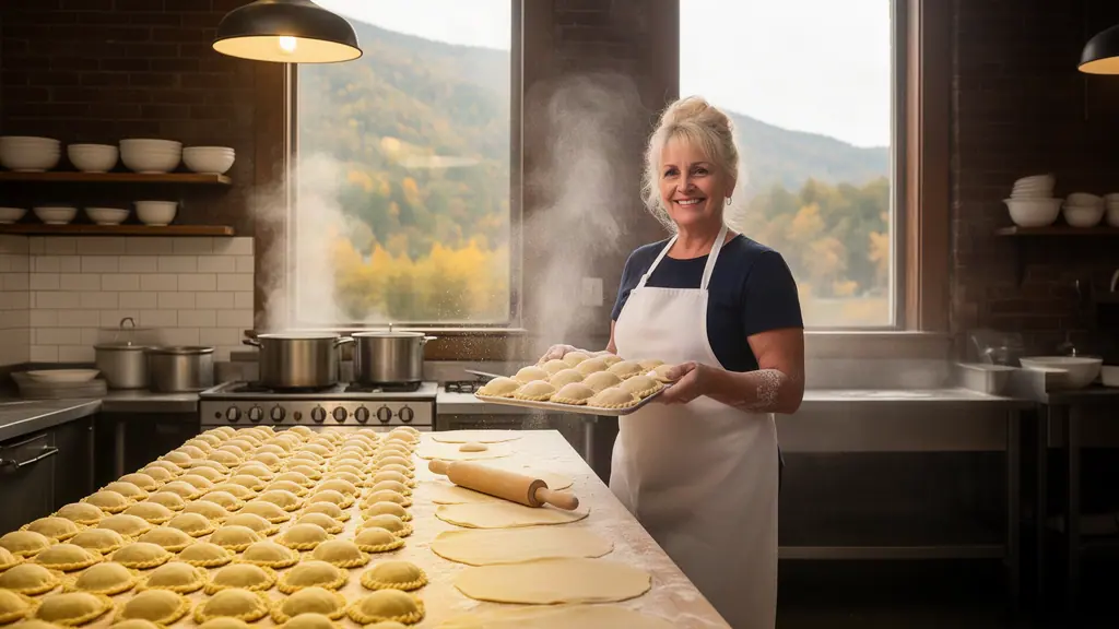 Smiling pierogi maker in a white apron holding a tray of fresh pierogi beside a long table of dough