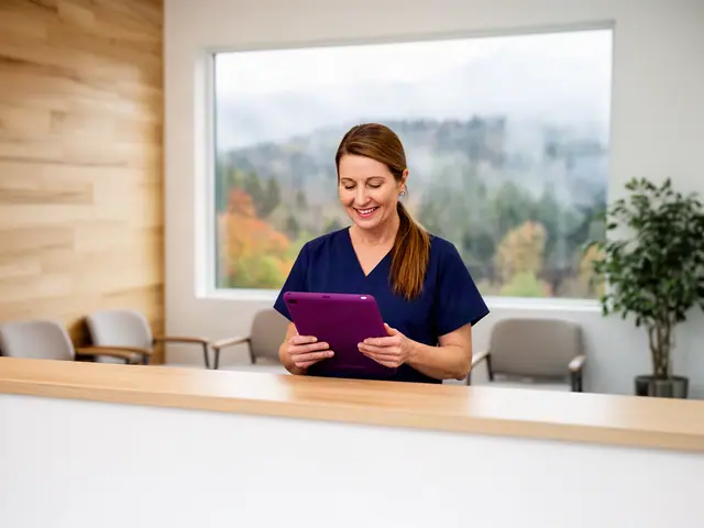 Office manager in navy scrubs smiling at a purple tablet behind a light wood reception desk